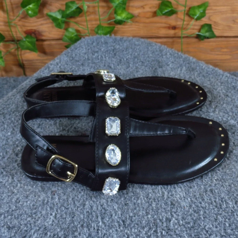 Madden NYC GGMN22AM002 Girls T-Strap Sandal Size 4 Dressy Black Rhinestone Studs